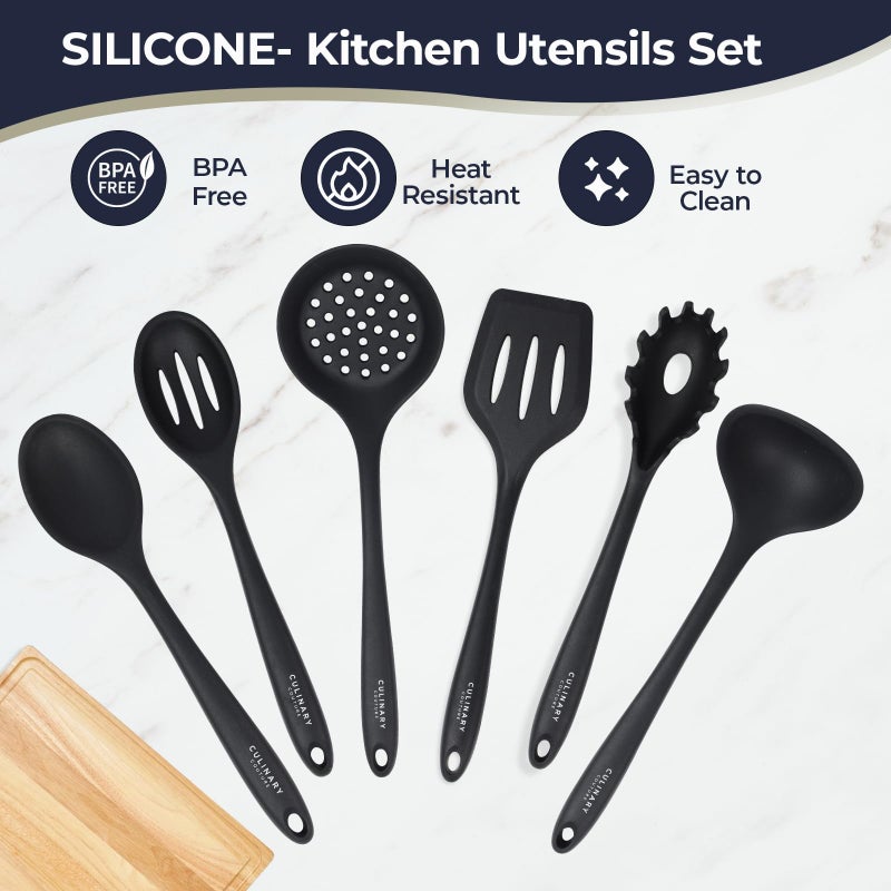 Culinary Couture Black Silicone Kitchen Utensils Set of 6, Non-Stick Heat-Resistant Silicone Kitchen Utensils Set with Steel Inner Core - Image 4
